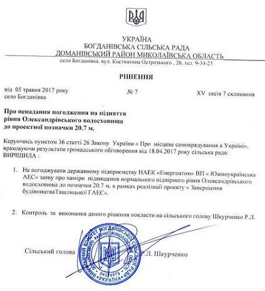 Відмова Богданівської сільради в наданні згоди на підйом рівня Олександрівського вдсх до 20.7 м